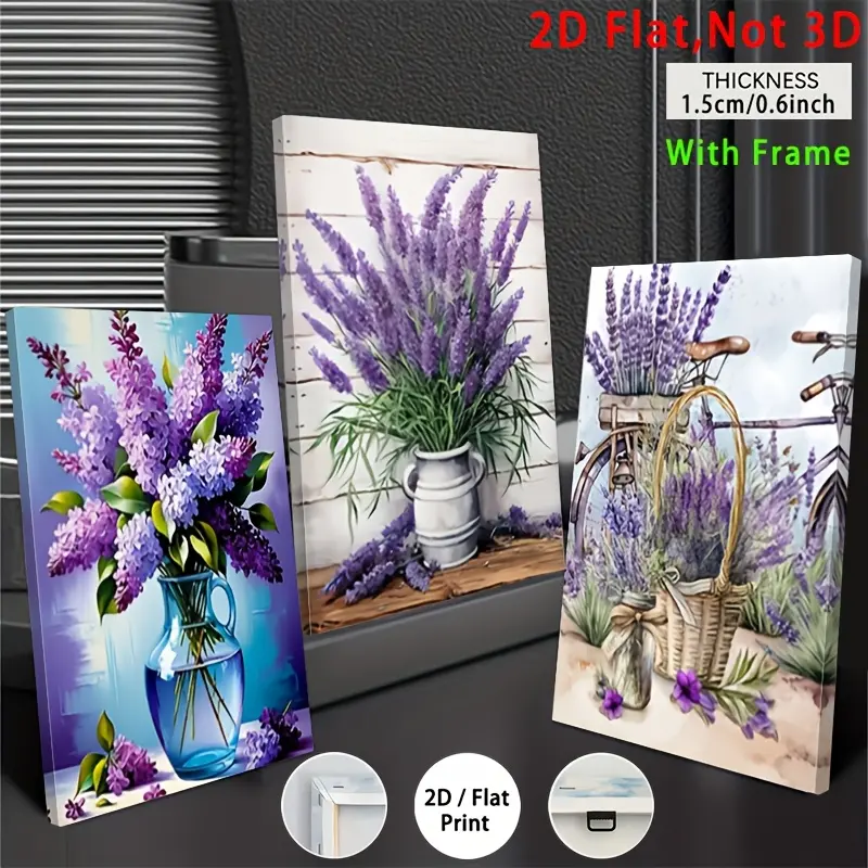 The product is a 2D flat, framed decorative poster, 3-piece floral lavender home decoration