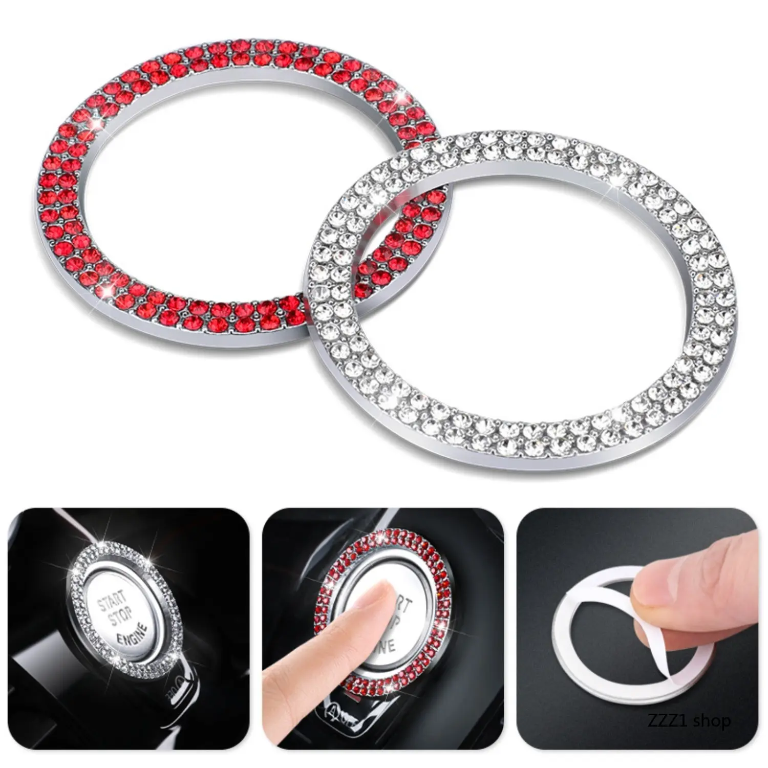 Women's Bling Crystal Rhinestone Car Engine Start-Stop Button Ring - Universal Ignition Key Knob Decor Sticker, Pink/Red/Silver Girly Aesthetic Interior Car Trinkets, Girly Car Accessories