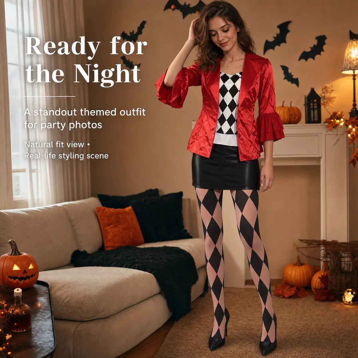 Halloween Female Joker Costume Red Ruffle Sleeve Blazer Skirt Argyle Tights Set