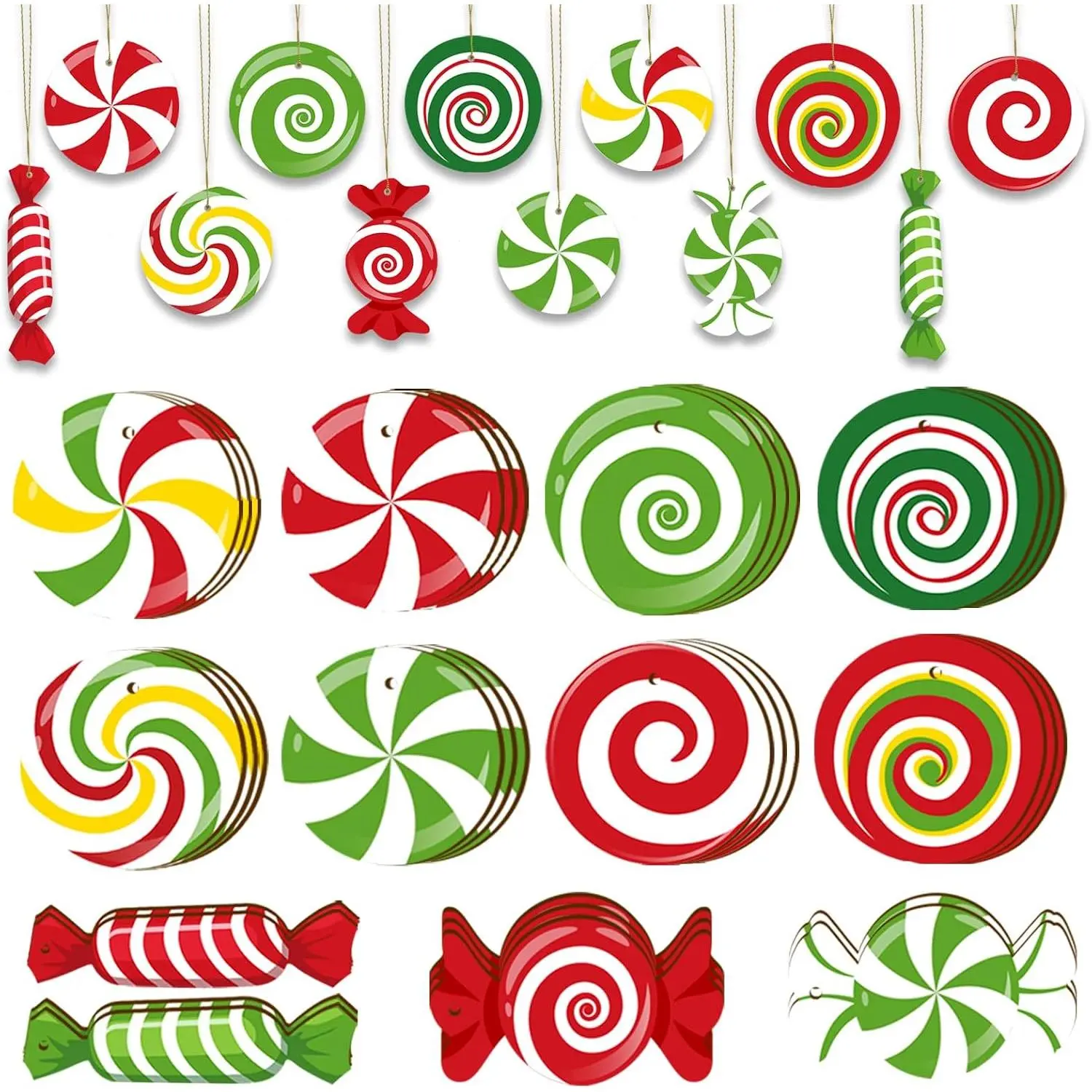 33-Count Round Wooden Peppermint Candy Cane Ornaments Set - Colorful Festive Tree Decor Pendants, Modern Home Supplies for Christmas Holiday Party Indoor Gifts, Synthetic