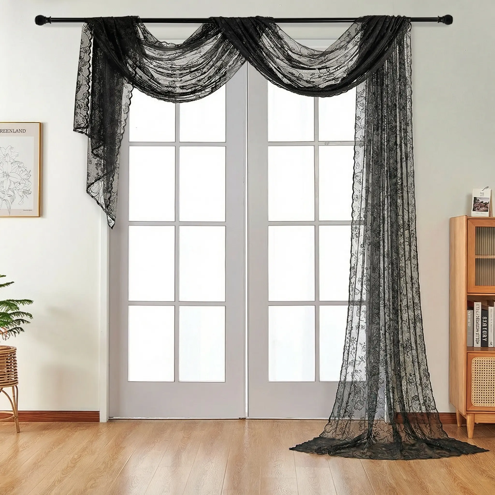 Gothic Style Wavy Lace Chiffon Curtain, Black Floral Retro Lace Translucent Gauze Curtain for Living Room Bedroom Home Decor