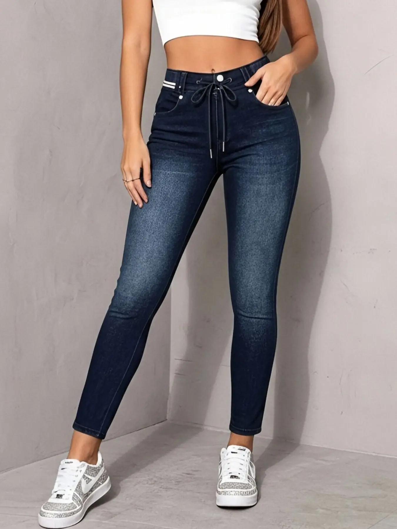 Women's Blue High-Waisted Drawstring Elastic Jeans, Slim Fit Dark Wash Skinny Jeans, Fashionable and Comfortable for Urban Women