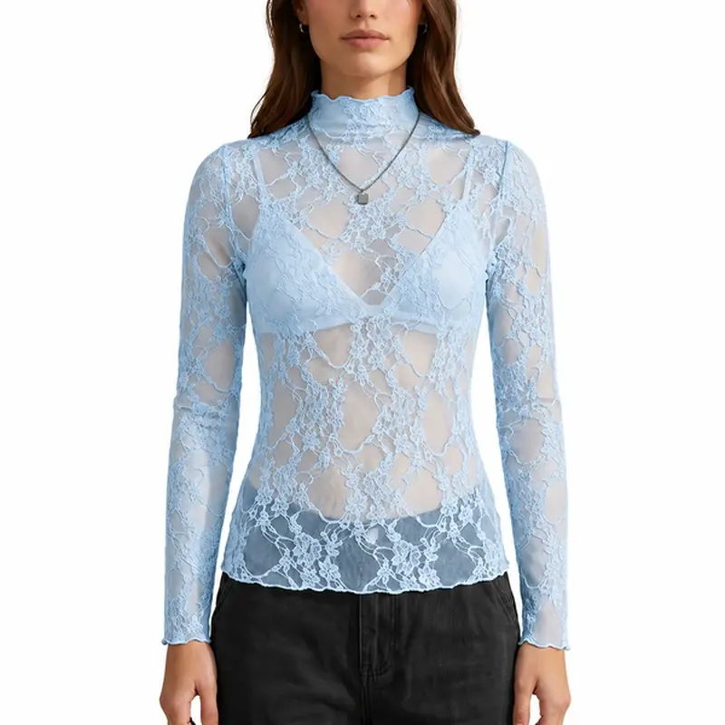 Women's Curved Floral Lace Mesh Top, Long Sleeve Sheer Layering Shirt for Festival Party