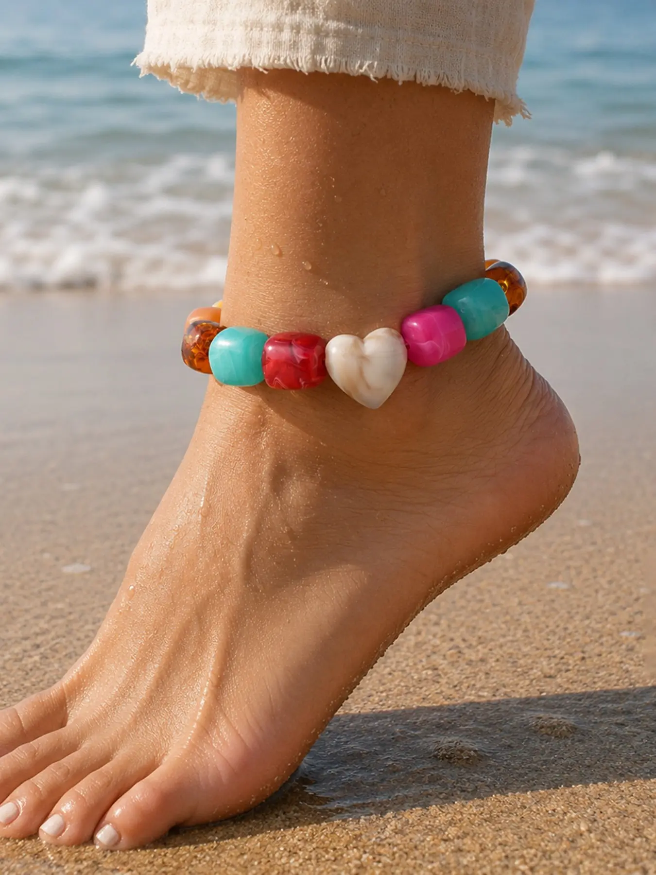 European Style Resin Heart Anklet, Vintage Amber Gradient Square Bead Foot Jewelry, Beach Vacation Colorful Round Beads Elastic Anklet for Women
