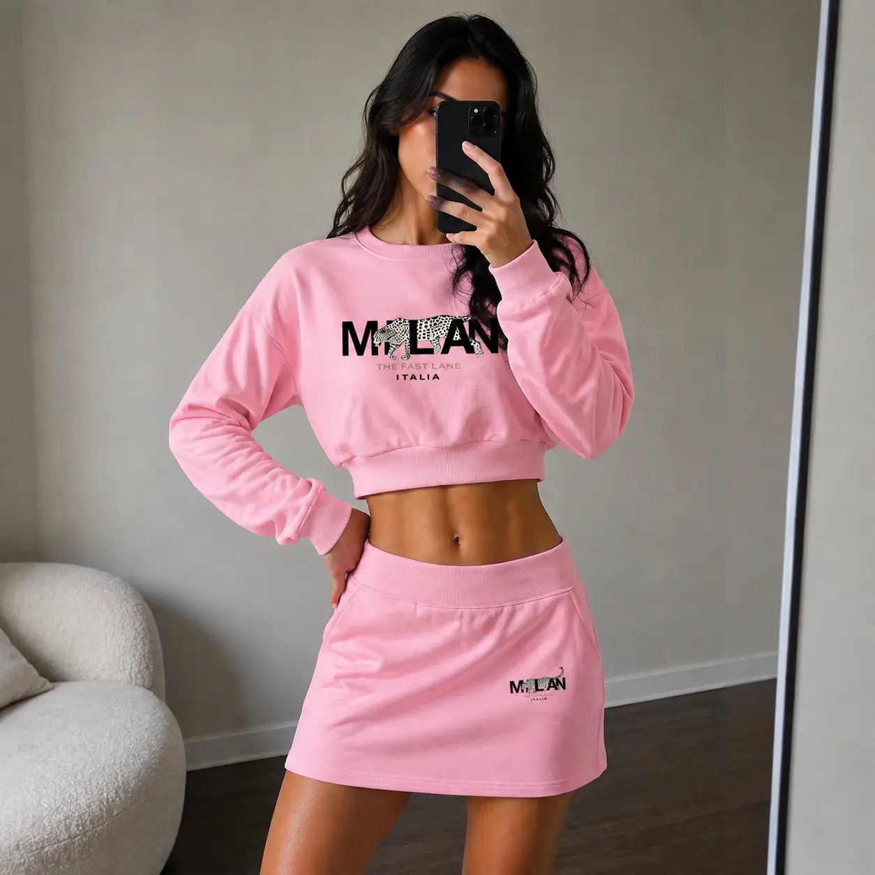 Women’s Milan Inspired Graphic Crop Sweatshirt and Mini Skirt Set, Featuring Italy City Print and Chic Leopard Design for Casual Fall Outfits
