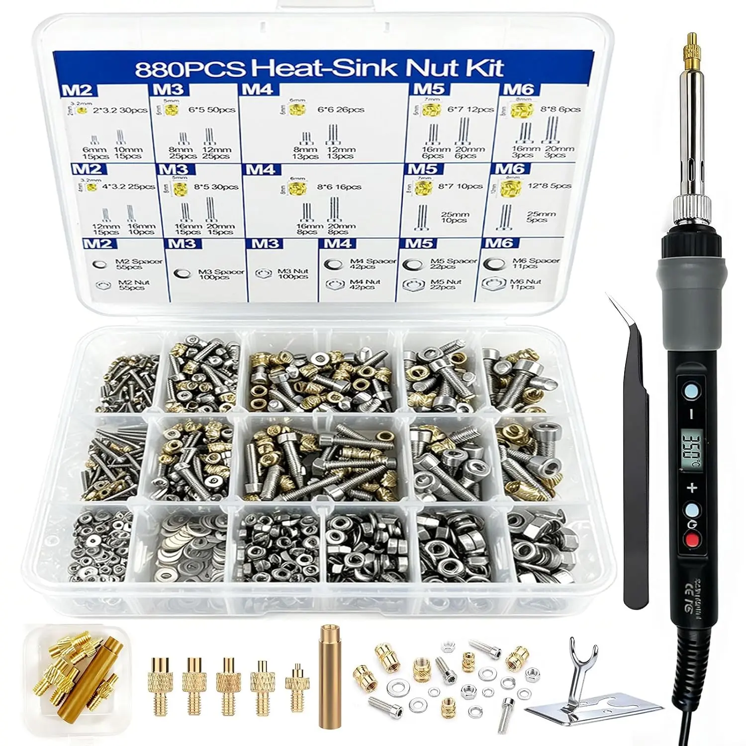 Thermally Set Thread Insert Tool Kit 880 Pieces Thread Inserts Brass Hardware Nuts and Bolts| M2 M3 M4 M5 M6 Nut Inserts, 80W Digital Soldering Iron, for 3D Printing and Plastic Inserts, Nut Bolt Washer Set