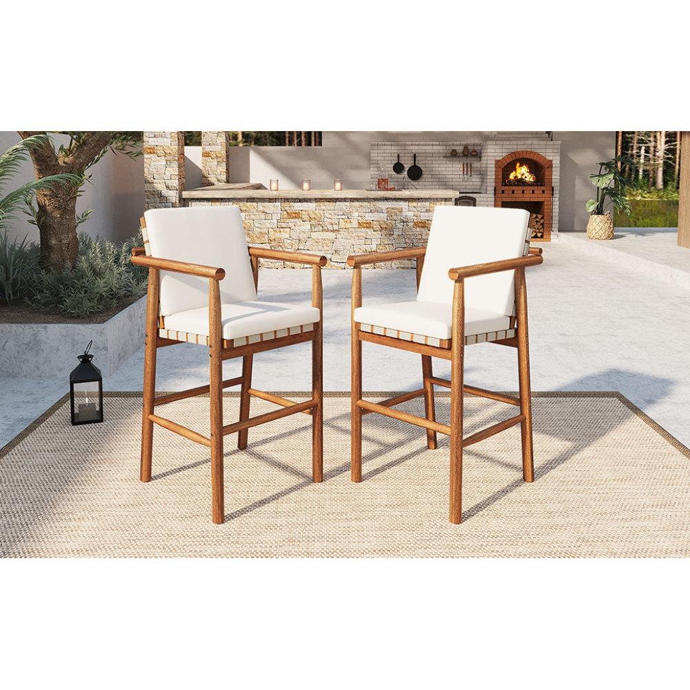 3 Piece Outdoor Bar Set, bistro Patio Acacia Wood Bar Height Table & 2 Stools with Cushions, Wood Dining Bar Set for Backyard, Poolside, Balcony, Beige Cushions