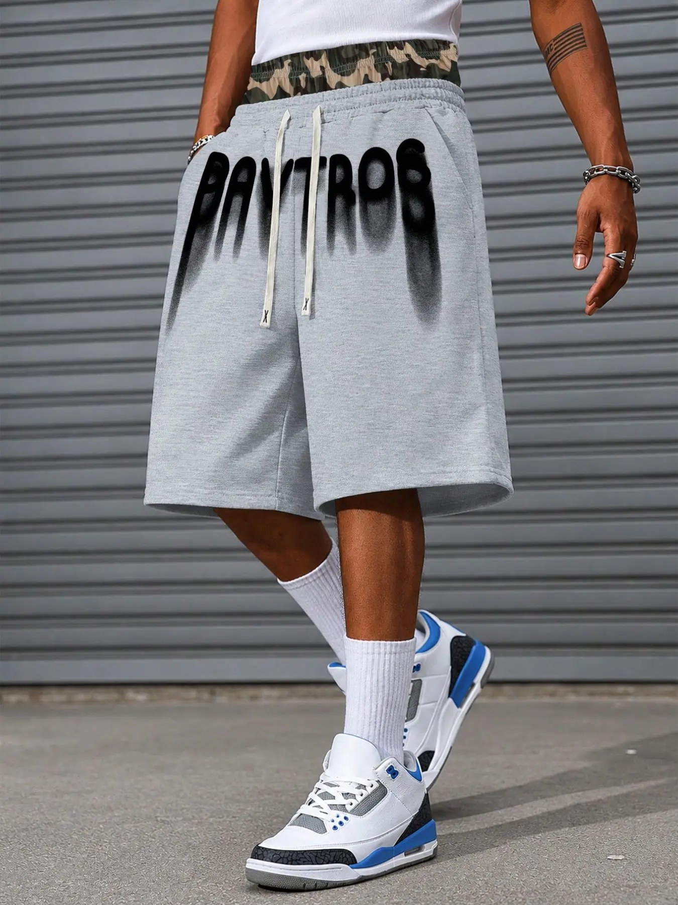 Men's Gray Graffiti Sweat Shorts, Baggy Knee-Length Drawstring Shorts with Oversized Black Letter Print, Y2K Streetwear Bottoms for Summer, Skate Looks, Basketball Style, Travel, Music Festivals, Casual Outings, Weekend Wear, and Hip Hop Outfits