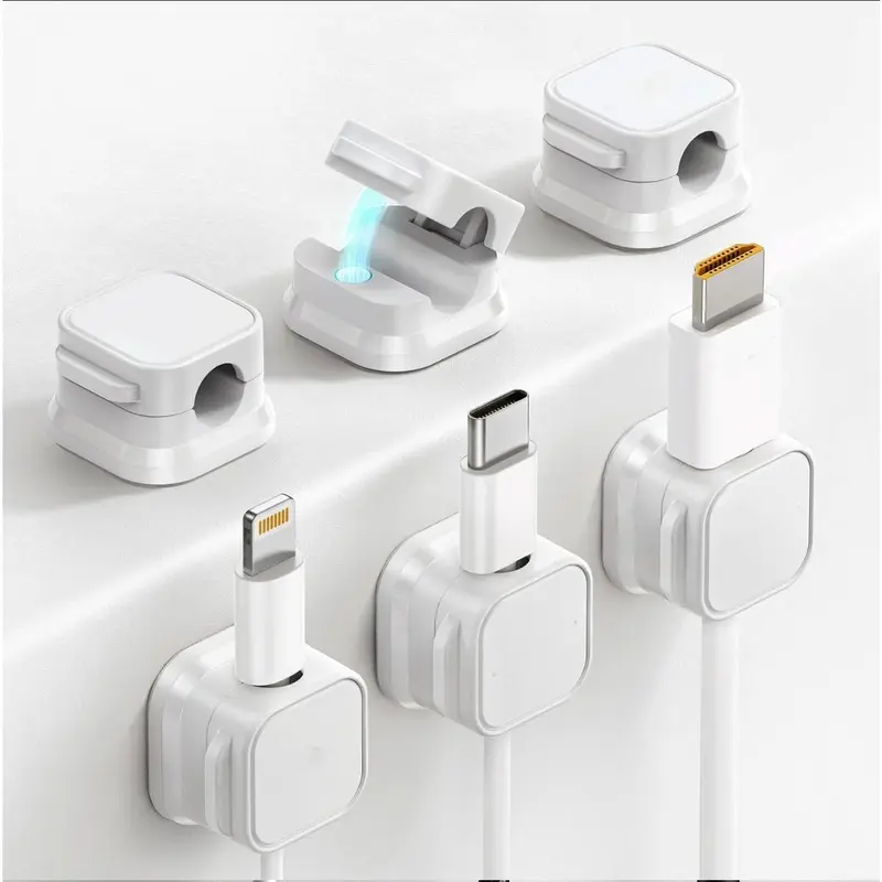 6 Pack Magnetic Cable Holder Clips (Black/White & Optional 100W Cable), Self Adhesive Cord Organizer Wire Keeper, Under Desk Nightstand Wall Mount Charging Cable Management Clip, Compatible with USB-C Lightning HDMI Cables, 2 Colors Optional Black & White