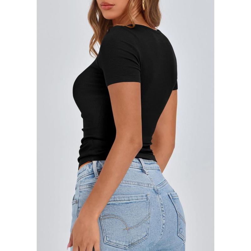 Women's 2026 Fall Summer Short Sleeve Tops Ribbed Henley Button Slim Fit Basic Casual T Shirts Blouse Clothing