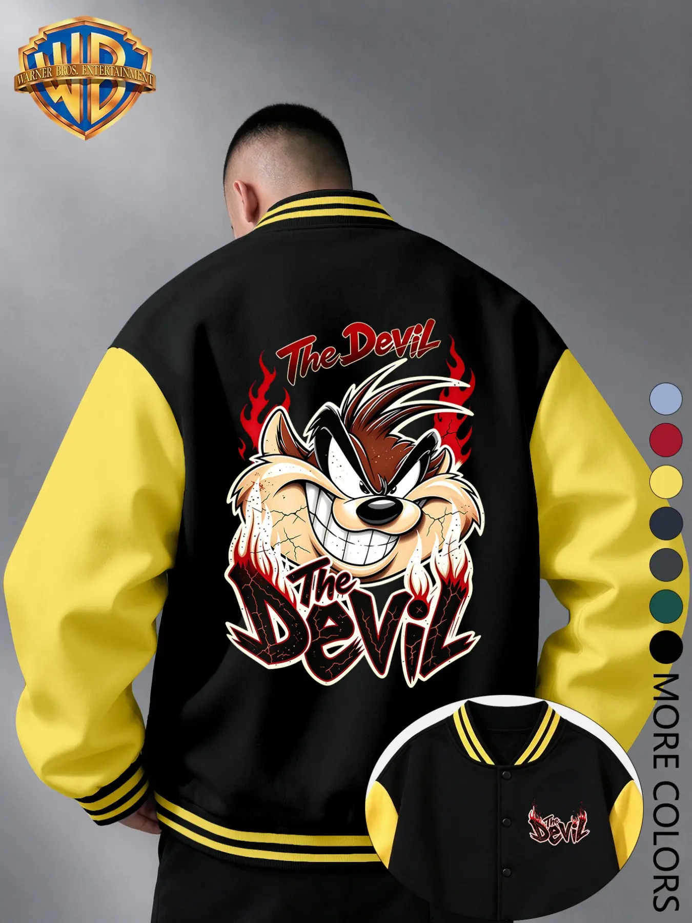 - Officially Licensed by Warner Bros Looney Tunes The Devil Flame Taz Tasmanian Devil Varsity Jacket, 100% Polyester Vintage American Baseball Coat, Fall Winter Casual Streetwear for Daily Outdoor, Unisex Multi-Color, Perfect Christmas Gift for Lovers & F