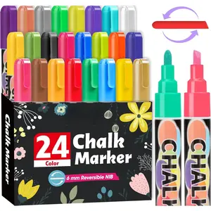 24 Pack Chalk Markers, 6mm Reversible Liquid Chalk Markers for Windows, Glass, Mirror or Chalkboard Marker , Erasable Window Marker for Glass Washable,