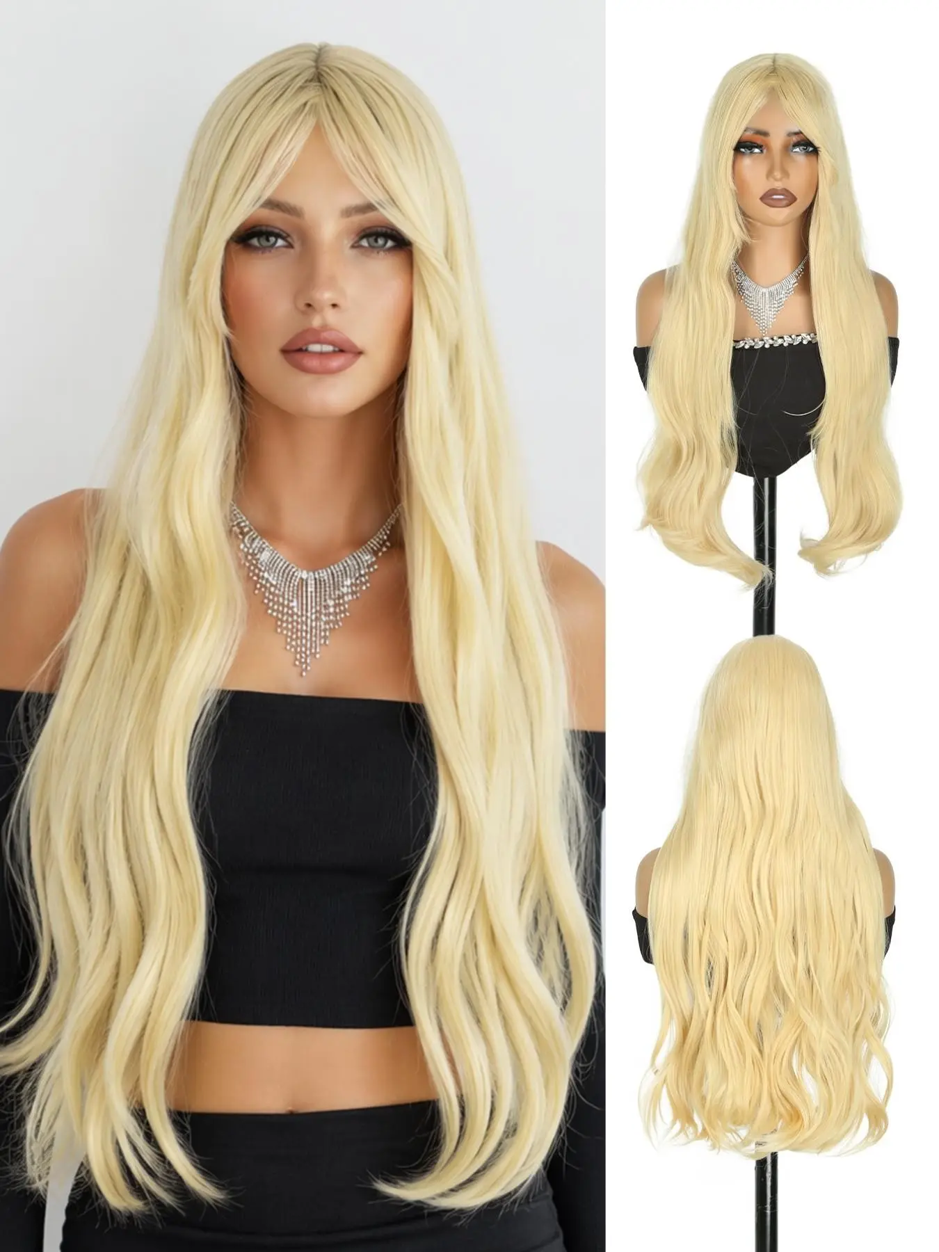 New fashionable blonde wig with curly hair and fringe for ladies. Synthetic blonde wig with wave effect. 30-inch long high-temperature resistant wig. Platinum blonde wig. Suitable for ordinary work, daily life, and Halloween.