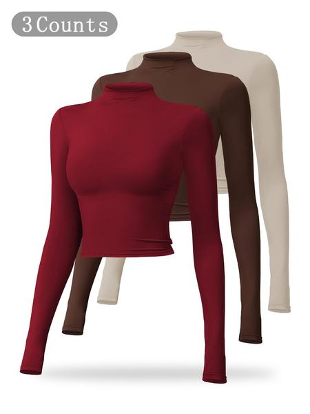 Women's Solid Mock Neck Sports Tee, Quick Drying Breathable Long Sleeve T-shirt for Yoga and Gym Wear, Ladies Casual Workout Tops for Fall & Winter