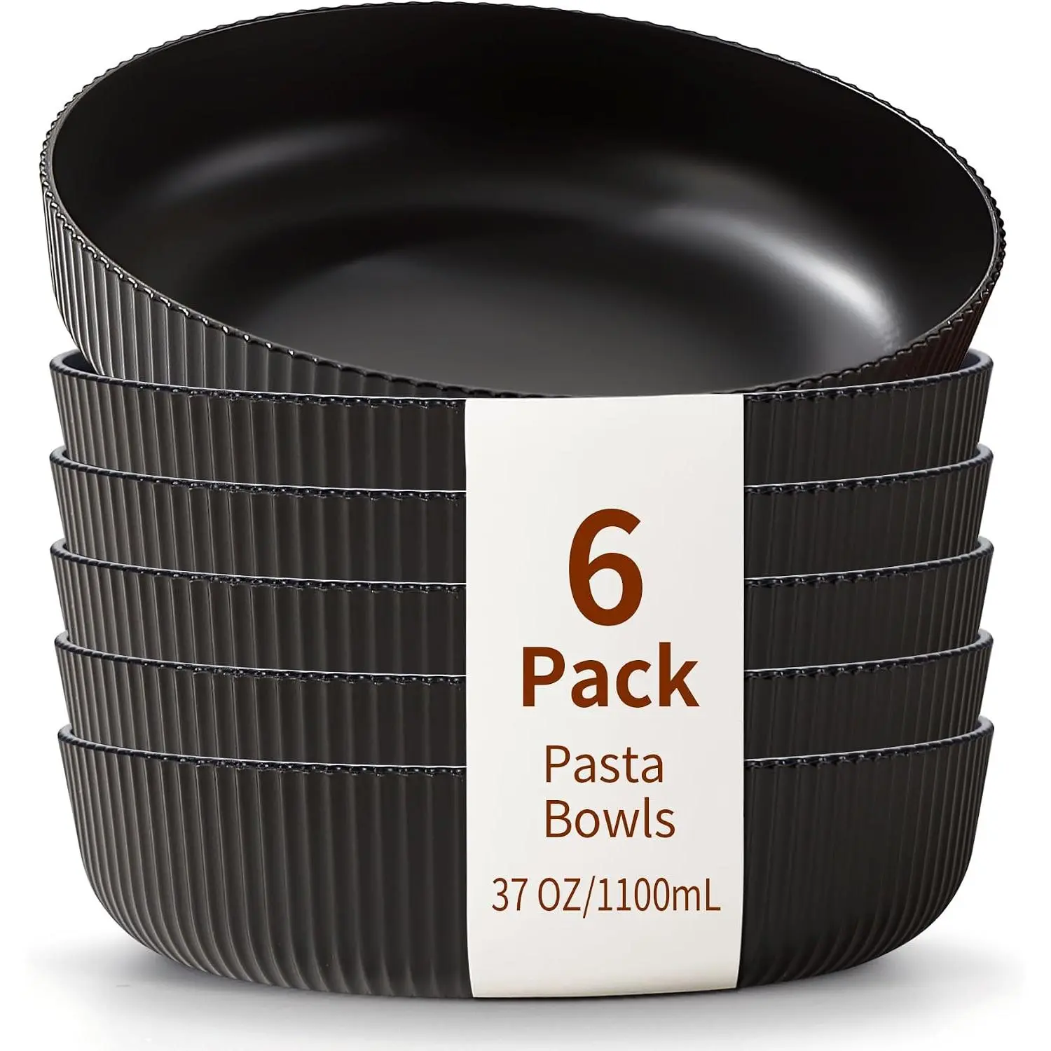 Pasta Bowls Set of 6, 37oz Salad Bowls Black Soup Bowls, Large Pasta Serving Bowls, Unbreakable Plastic Dinner Bowls, Dinnerware Sets,Valentines Day , Dishwasher Safe (Black)
