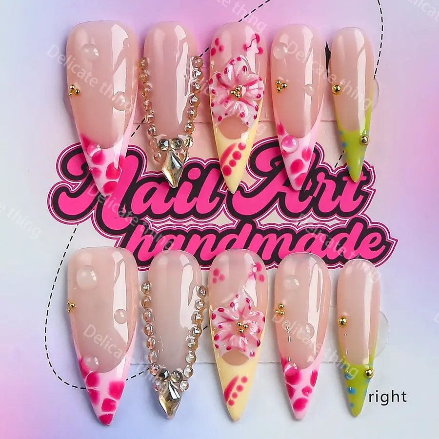 Y2K Style Long Point Artificial Nails, Handmade, 4 Sizes XS S M L, Perfect for Parties, Dates, Gifts, Includes Jelly Glue, Crystal Stick, File, Nails Press Ons