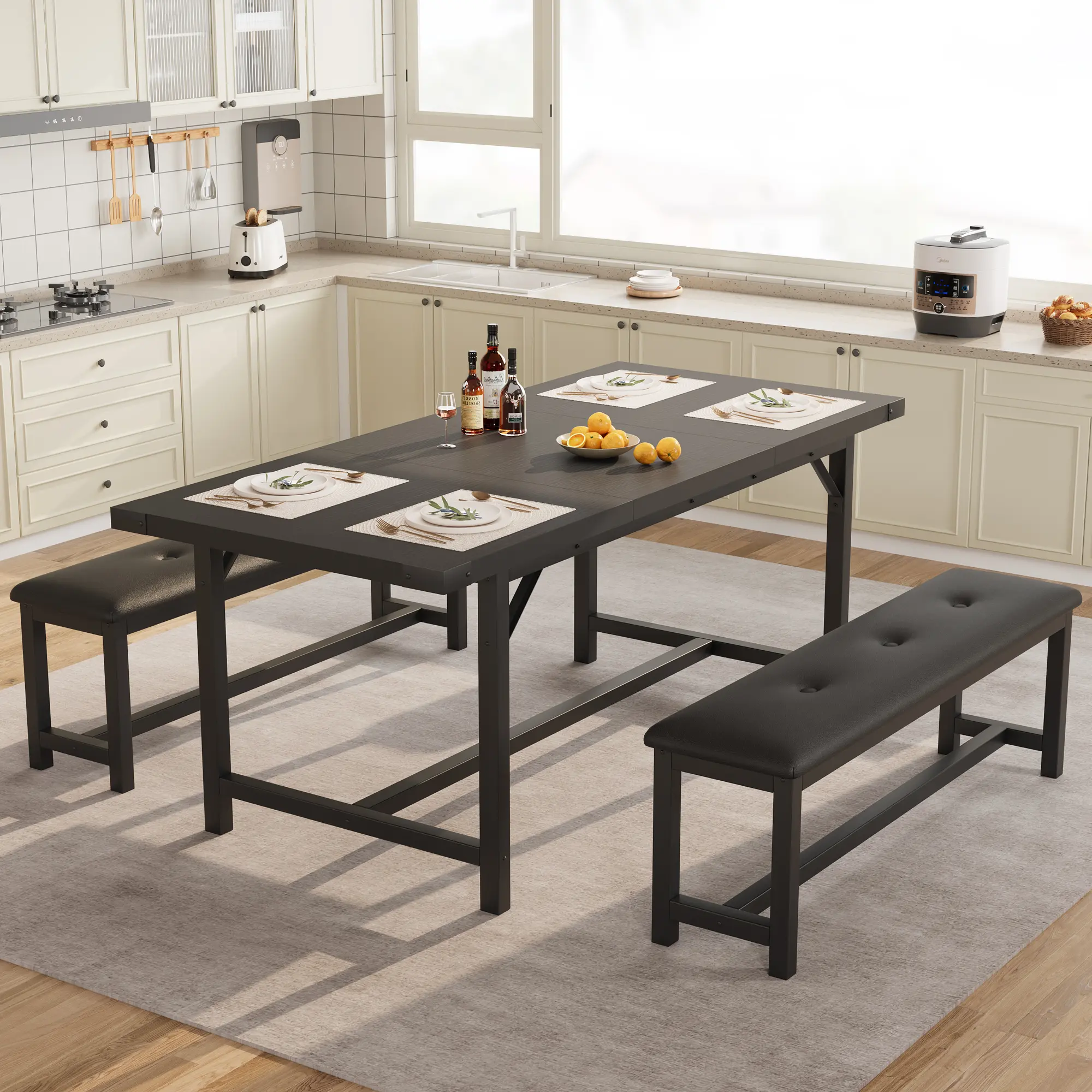 🍽️ 3-Piece Extendable Dining Table Set for 4-6 – Space-Saving Kitchen Table with 2 Benches, Industrial Style, 450 lbs Capacity ✨