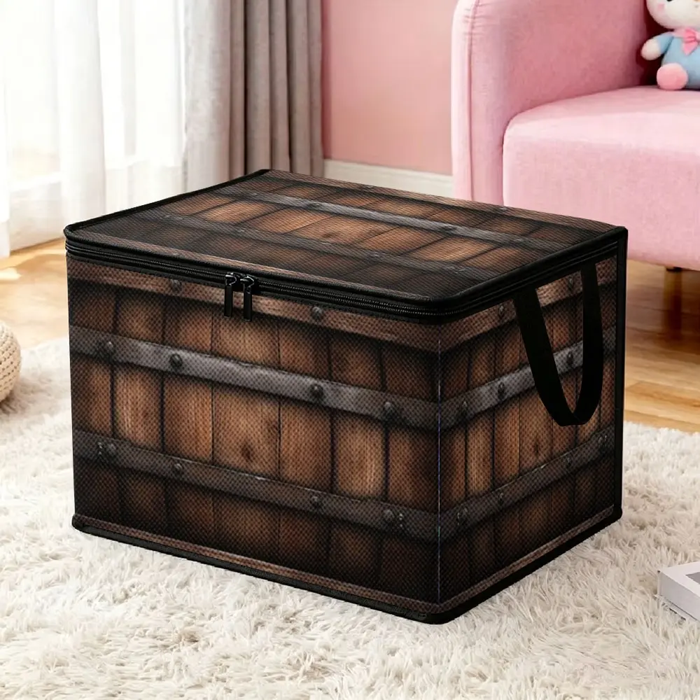 Vintage Wooden Pattern Storage Box, Foldable Fabric Organizer with Zipper Lid and Handle, Rural Style Decorative Box for Home Bedroom Living Room, Home Organizer Boxes
