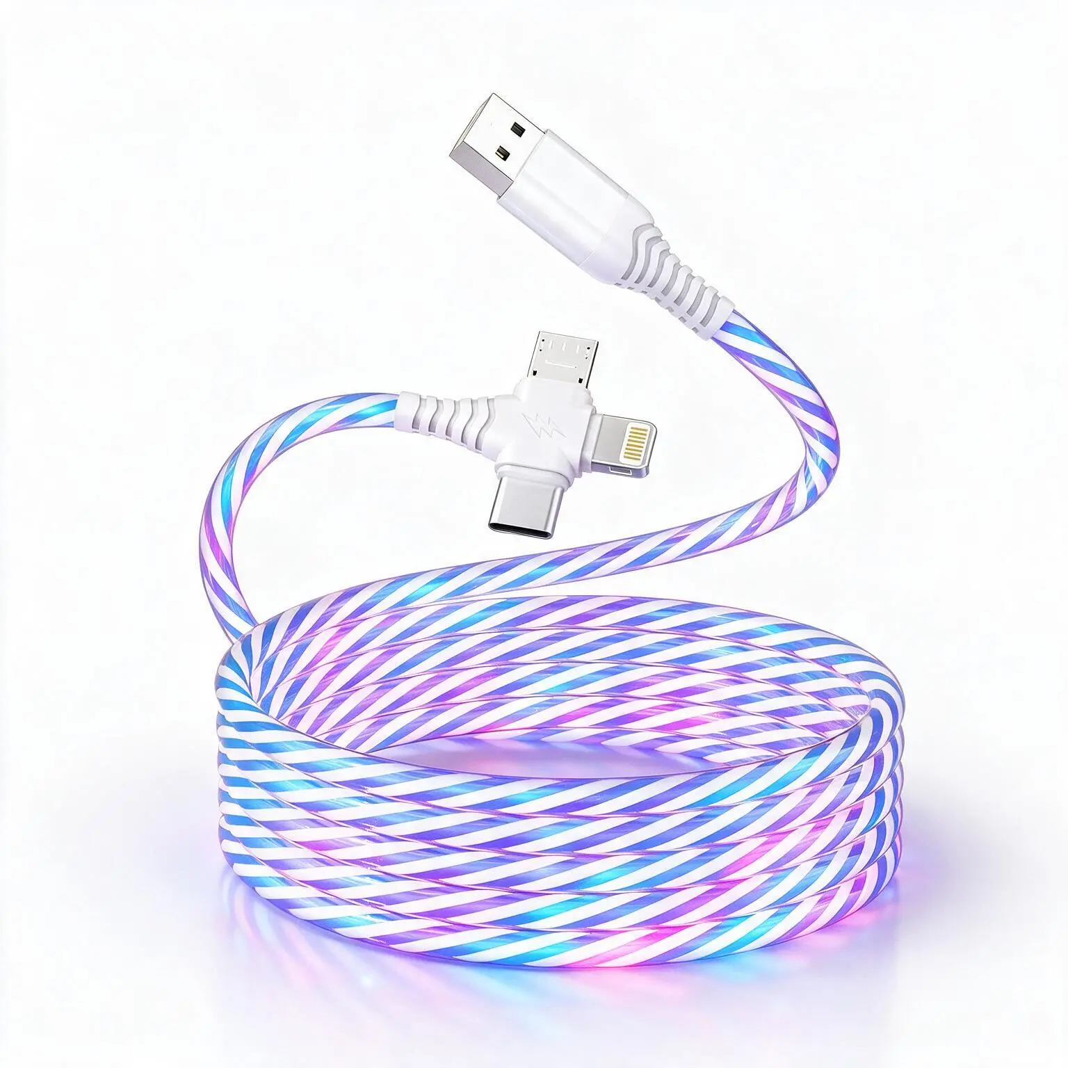 Glowing LED Light-Up 3-in-1 Braided Fiber Fast Charging Cable, Cellphone Accessories USB Universal Fit Cord for Car Owners, Multi-Device Charging Mobile Phone Accessory