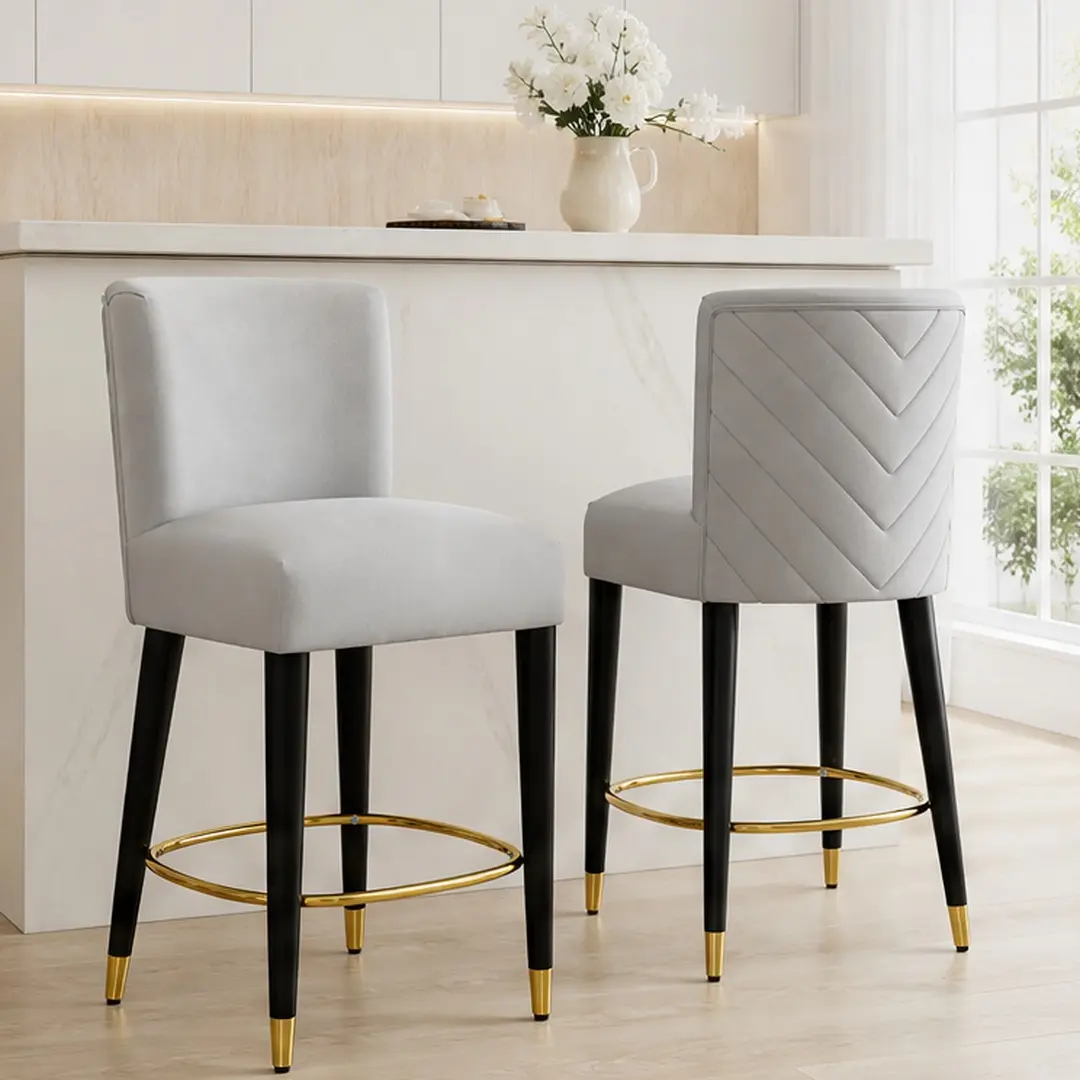 ARCH Set of 2 Sturdy Modern Glam Armless Bar Stools - 27in Counter Height, Tufted Backrest, Grey Fabric Uph, Gold Footrest, Rubberwood Frame, for Kitchen Islands/Home Bar, 13.89 lb Each, 23.25"W x 19.75"D x 38.25"H Indoor Seating