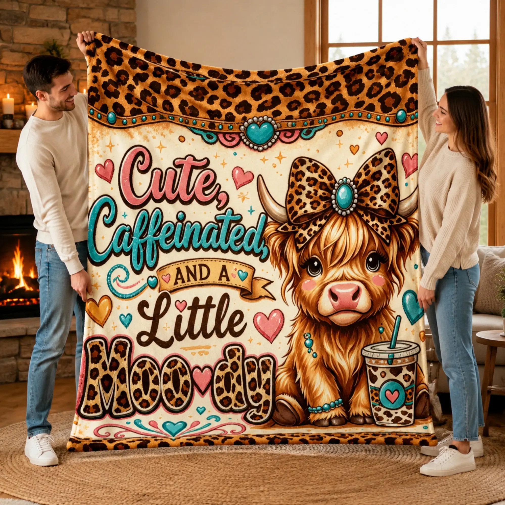 Vintage Leopard Print Cute Highland Cow Flannel Throw Blanket, Cute Caffeinated And A Little Moody Funny Slogan Coffee Cow Graphic Soft Warm Cozy Fleece Blanket, Multi-Purpose Sofa Bed Office Nap Camping Travel Blanket, Western Farmhouse Aesthetic Home De