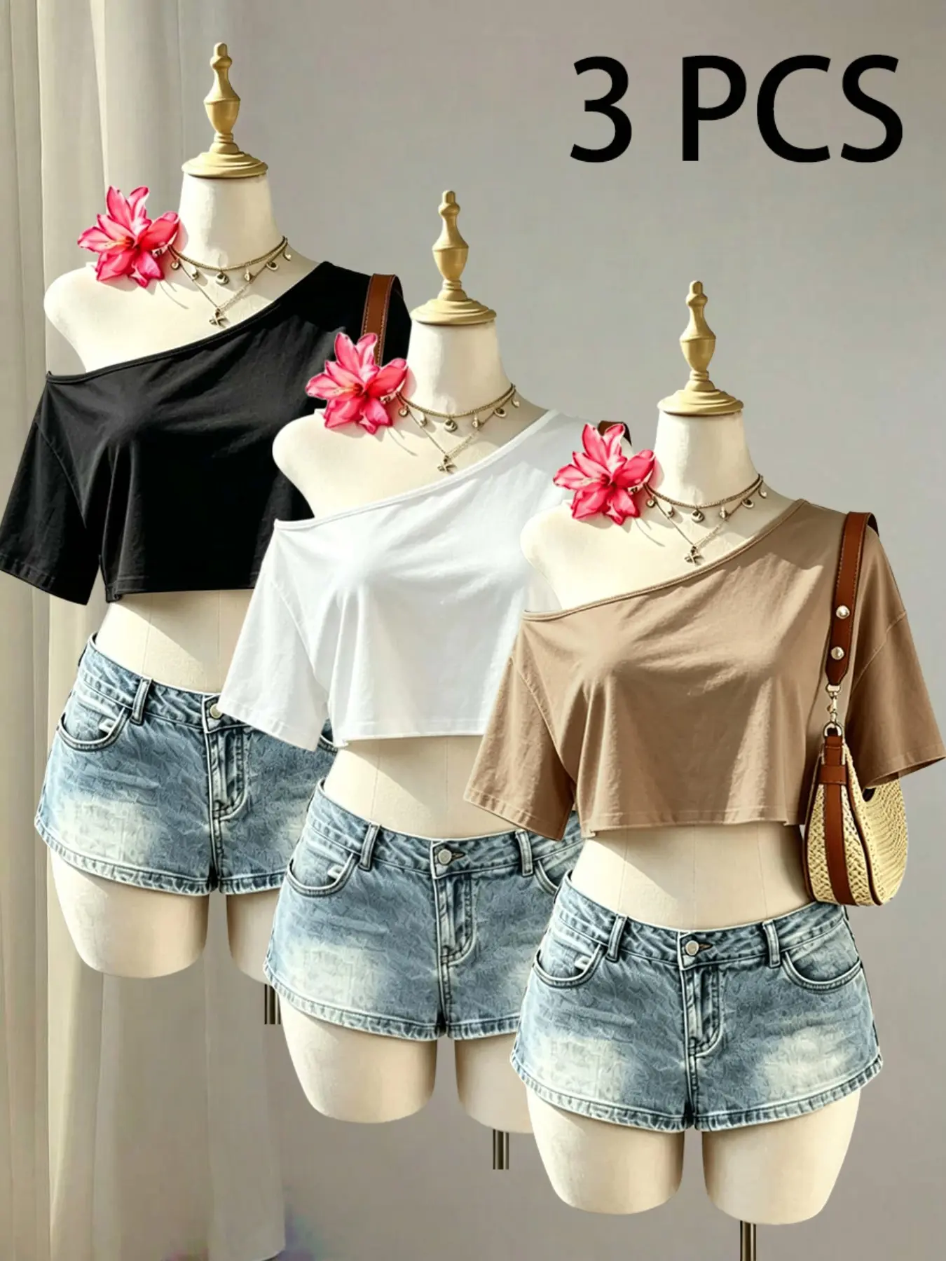One-Shoulder Loose Fit Short Sleeve Top, Asymmetrical Off-Shoulder Design, Casual Streetwear, Slimming Effect, Multi-Color Set of Three