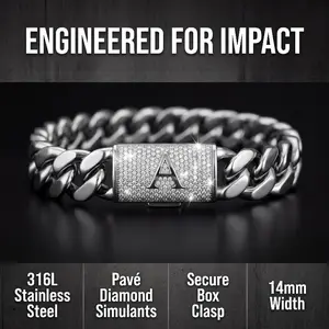 Silver Stainless Steel Cuban Link Bracelet for Men, 14mm Heavy Chain with A–Z Initial Letter Clasp, Gothic Punk Hip Hop Style, Personalized Modern Gift for Him