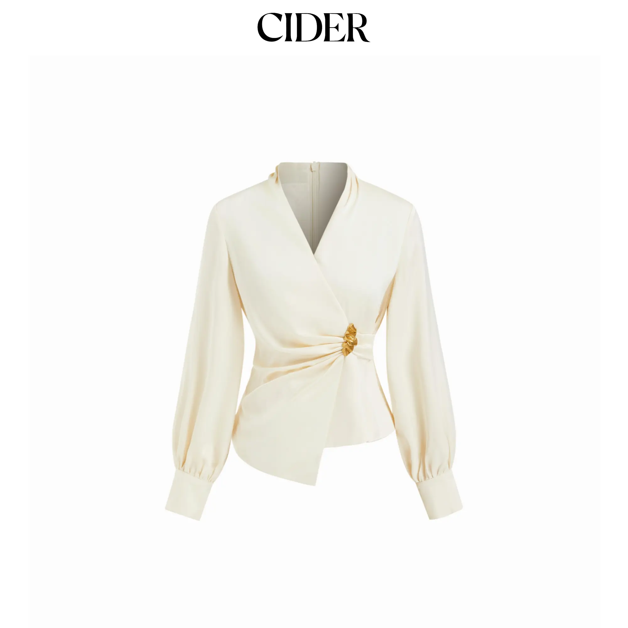 Cider Satin V-neck Long Sleeve Wrap Ruched Metal Detail Blouse