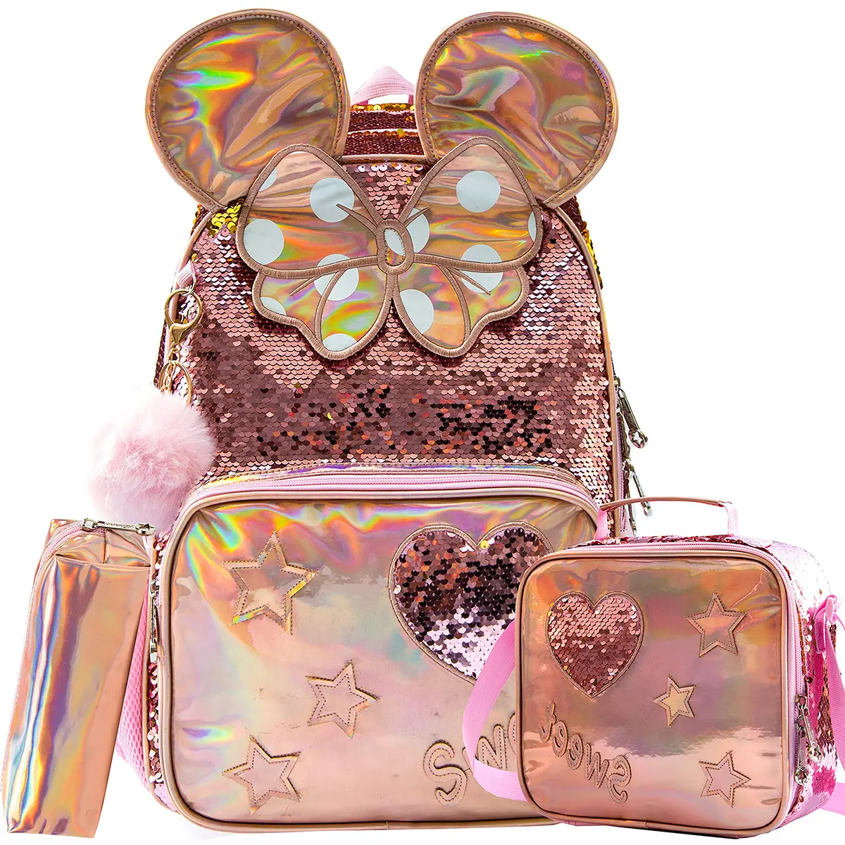 Girls' 3-Piece Holographic Sequin Backpack Set, Cute Sweet Rose Gold Bow Design with Lunch Box & Pencil Case, Polyester Multi-Compartment Prop 65 Safe Sparkly Heart Star 2026 School Bookbag