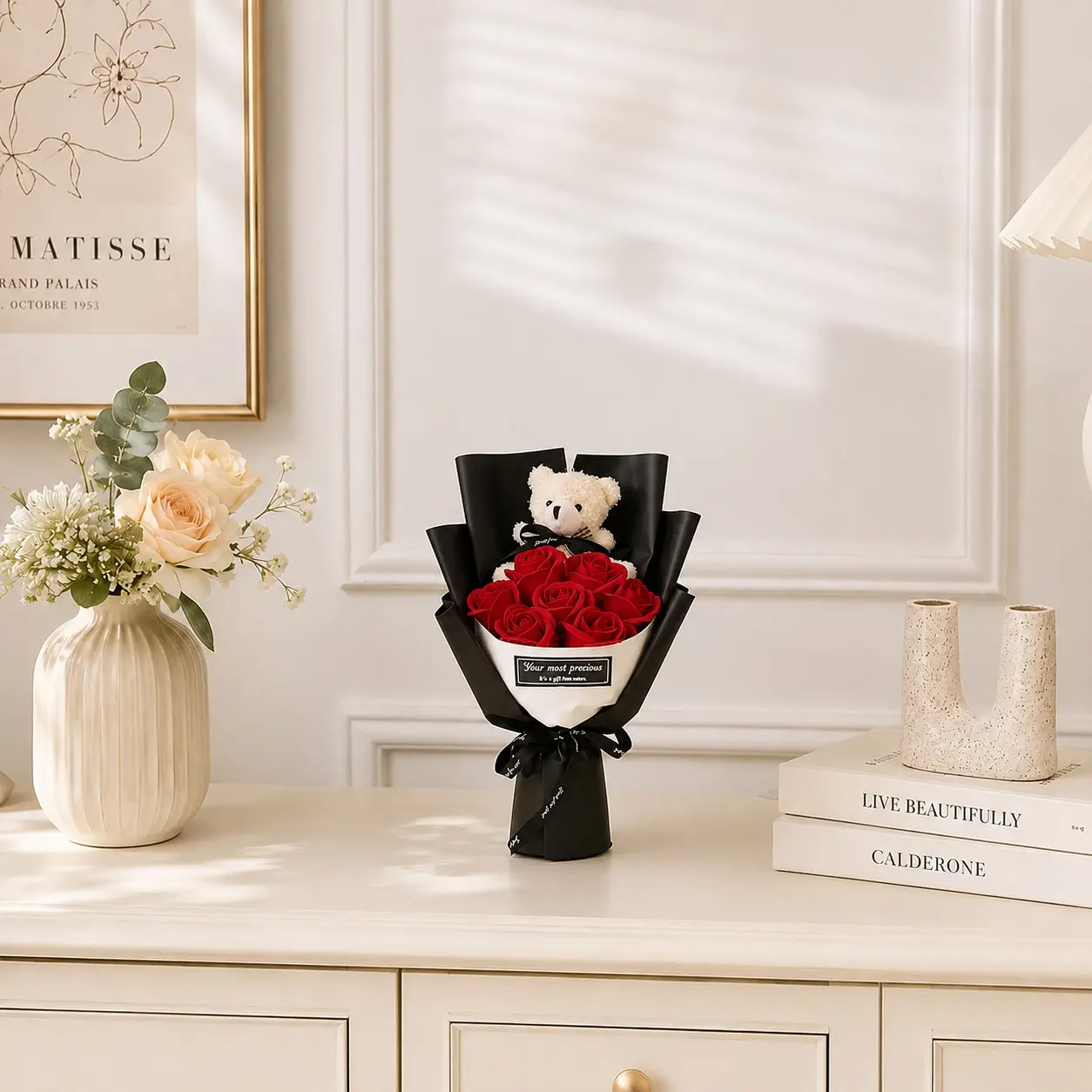 1 Set Premium Bear Rose Bouquet Gift Set – Artificial Red Roses in Luxury Gift Box, Perfect for Valentine’s Day, Wedding Anniversary, Birthday Celebration, Romantic Gift for Her That Lasts Forever, Decorative Artificial Flower