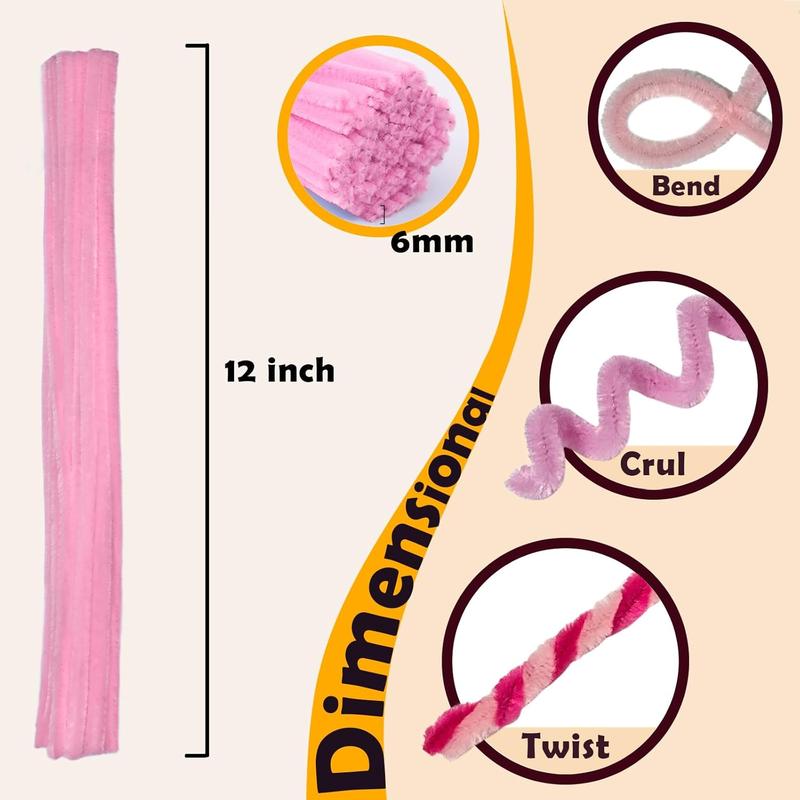 300 count Pink Pipe Cleaners Bulk - Fluffy Craft Pipe Cleaners for Arts & Crafts, Ideal for Making ,  & Decorations (12 x 0.24 inches)