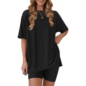 Women's 2 Piece Lounge Sets 2026 Casual Summer Airport Travel Outfits Oversized Shirts Biker Shorts Matching Clothing