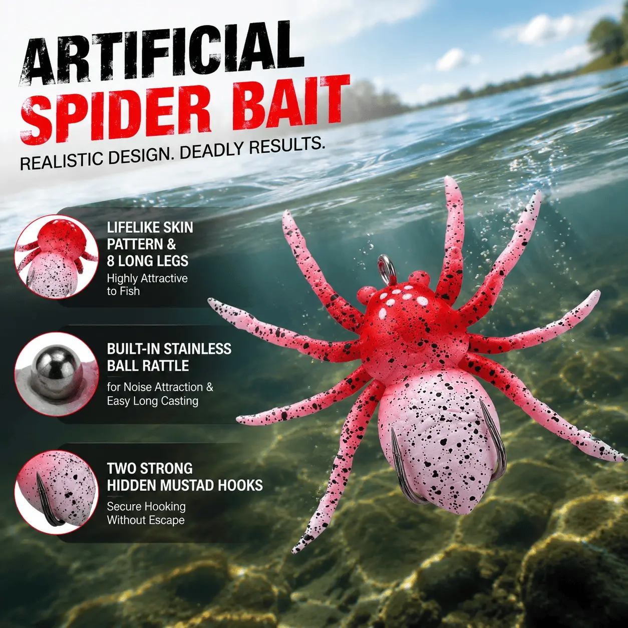 High Realistic Soft Spider Lure 7cm 6.4g Freshwater Saltwater Multi-Species Fishing Tackle Kit with 3X Hooks for Pike Perch Bass 6 Colors Waterproof Bait