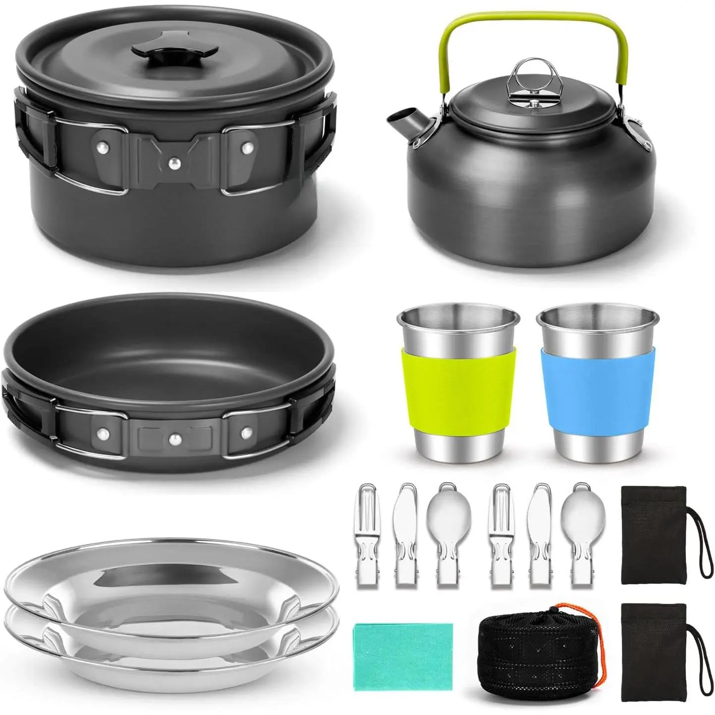 15pcs Portable Camping Cookware Mess Kit - Non-Stick Lightweight Pot, Pan, Kettle Set with Stainless Steel Cups, Plates, Utensils, Thermally Isolated Handles, Fully Equipped for 1 to 2 People, Great for Hiking & Outdoor Picnics, Portable Kitchen, Backpack