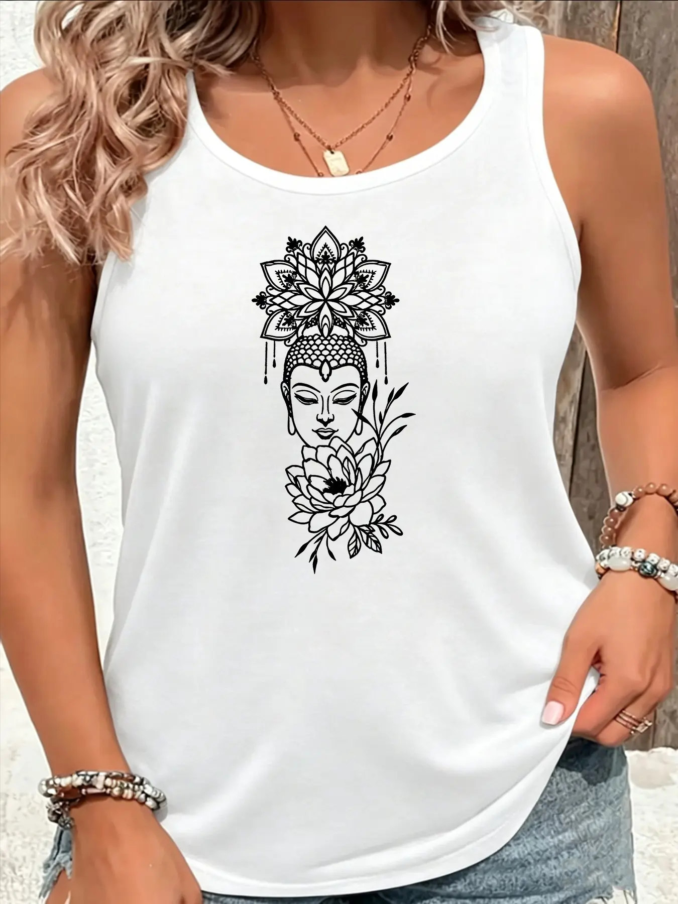 Women's Mandala Buddha Print Sleeveless Vest, Casual Stretch Round Neck Top, Breathable Fabric, All-Season Layering Essential