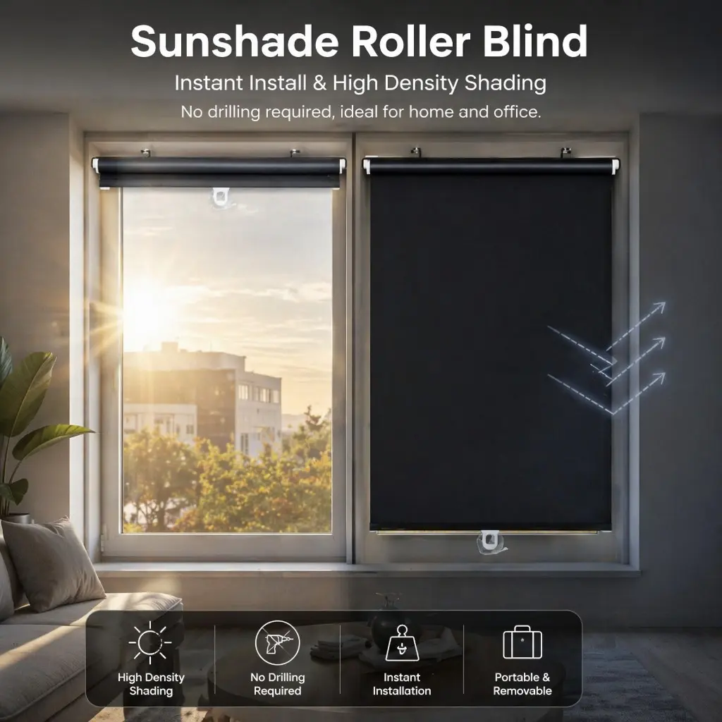 1PC No-Drill Suction Cup Roller Blind, 99% Light Block Portable Temporary Curtain, Privacy Protection for Rental Bedroom, Easy Installation
