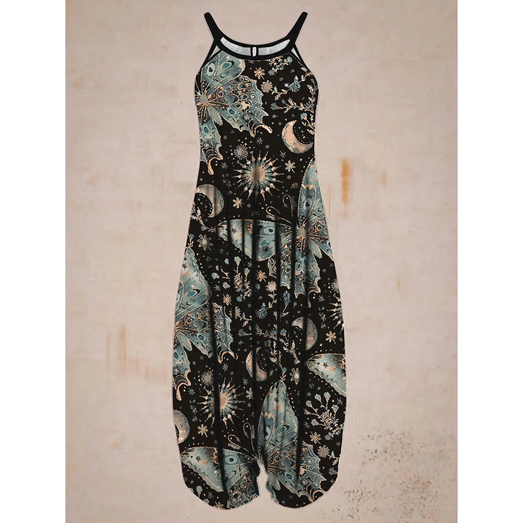 Women's Sleeveless Spaghetti-Strap Vintage Butterfly Print Overalls Pants - Polyester Knit Fabric, New Fashion, Comfortable Casual