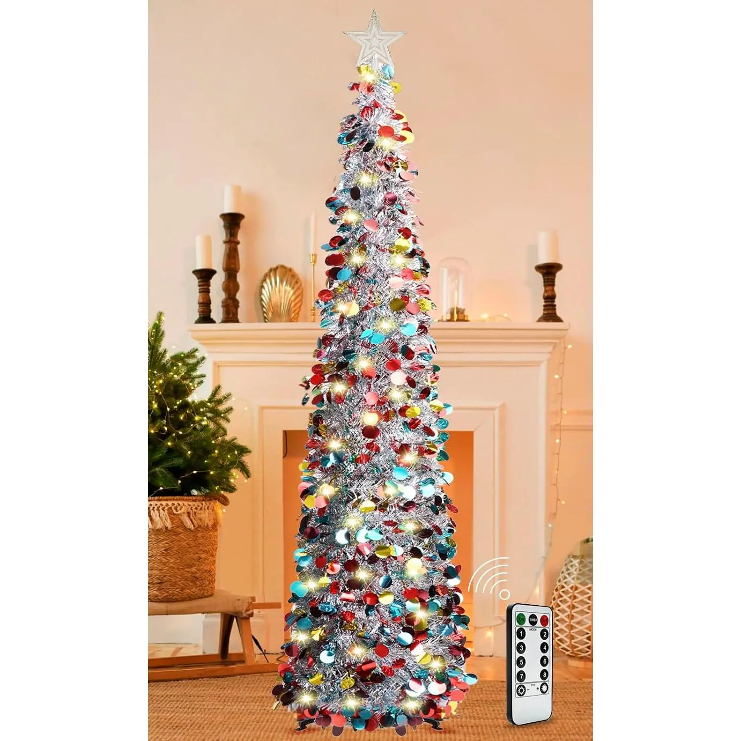 5FT Pop Up PVC Metal Christmas Tinsel Tree - 8 Remote Control Light Modes, Collapsible Modern Colorful Sequin Pencil Tree, Indoor Outdoors Party Decor for Apartment Fireplace