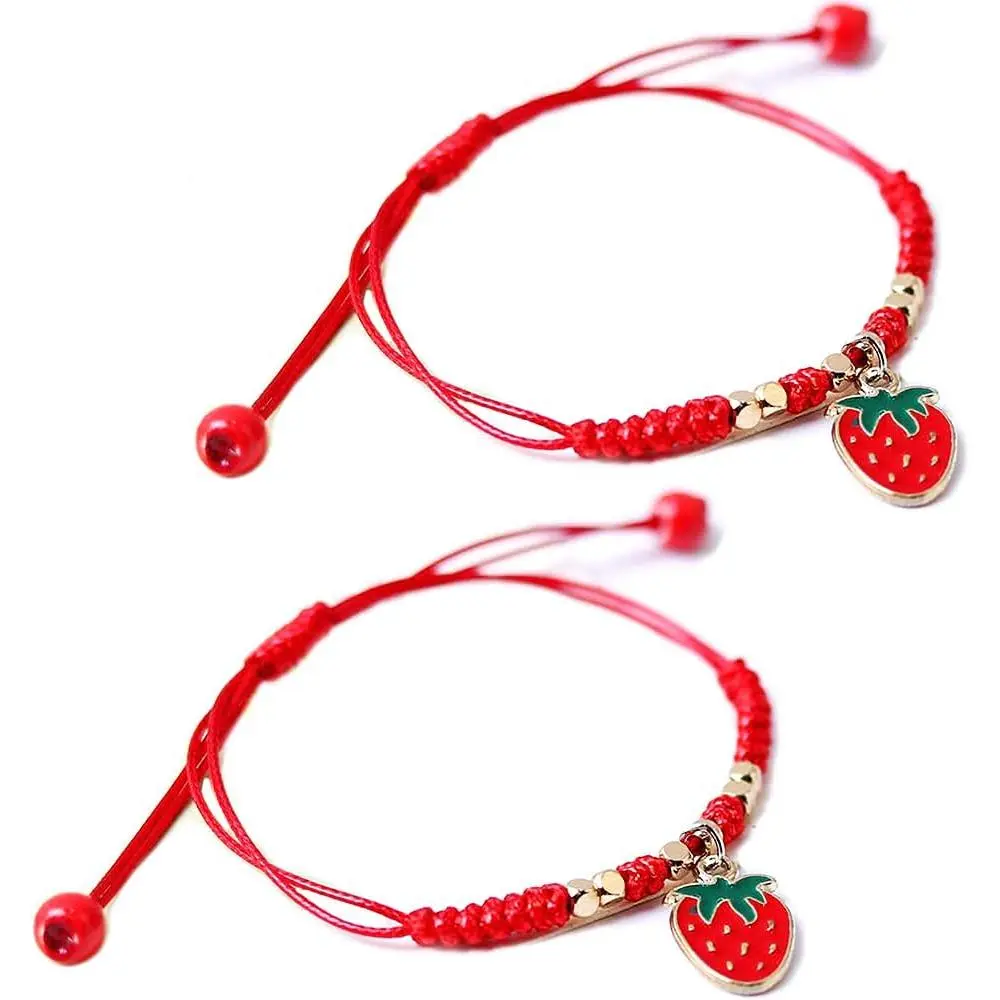 2 count Summer Fruit Strawberry Cherry Bracelets Sets, Weave Red Rope Adjustable Bracelet Protection  for Couple