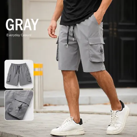 Men's Woven Cargo Shorts - Personalized Quick-Dry Lightweight Polyester Soft Activewear, Elastic Waist with Drawstring, Loose Cut, Reflective Strip for Camping&Hiking, Outdoors Use (Shirts for Coordinating Sets Reference)