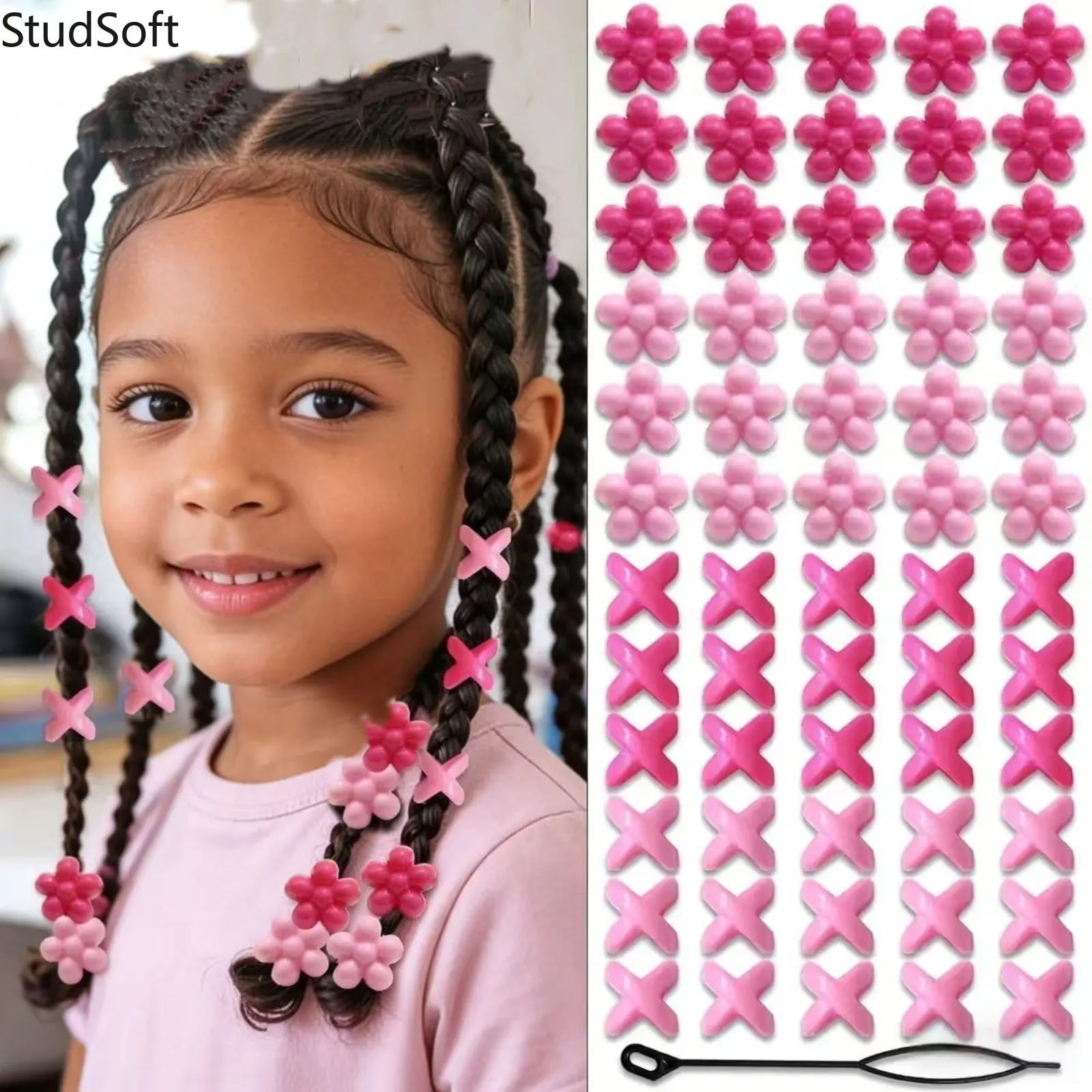 60Pcs Kids Braiding Hair Beads: Flower X Shaped Large Hole Pony Beads with Threader for Girls Toddler Back to School Gift Hair Accessories Set