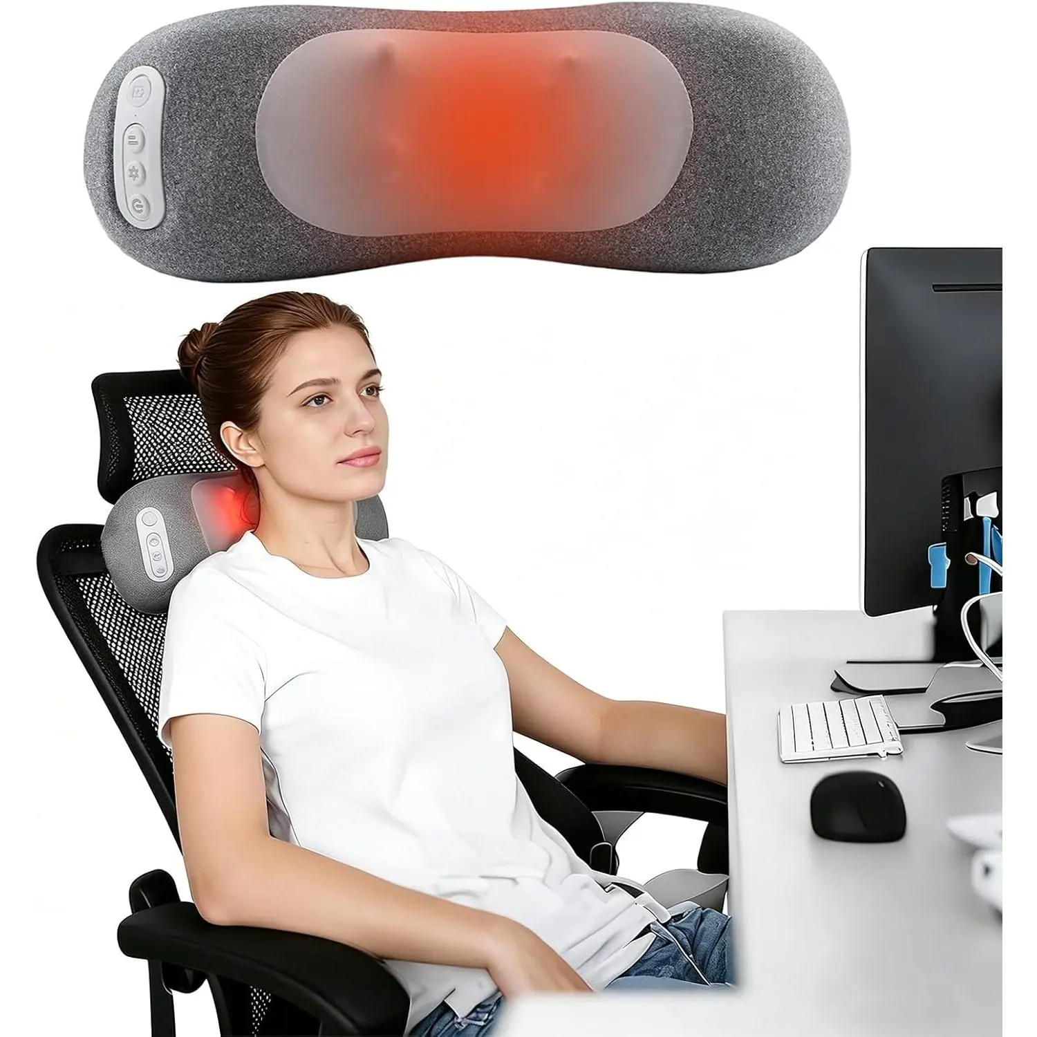 2-in-1 Neck & Lumbar Massager Pillow with Heat for Office Chair, 3D Rotating Massage Nodes, Back for Correction, Pain Relief & Relaxation at Home, Office, Travel