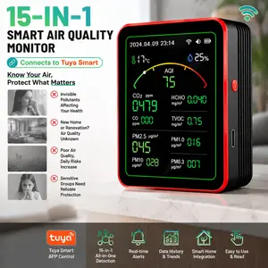 RCXAZ Tuya WiFi Smart 15-in-1 Air Quality Tester Digital CO CO2 PM2.5 HCHO TVOC Detector Temperature Humidity Gauge with Clock Date for Home Renovation Room