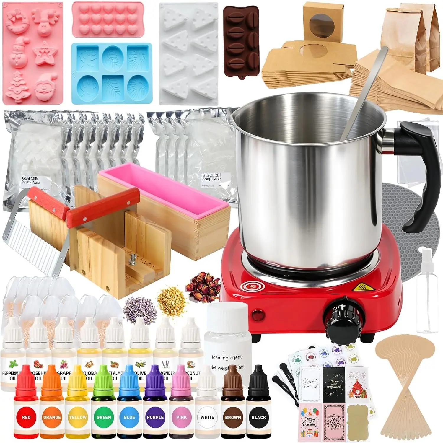 Deluxe Soap Making Kit, 5.5lb  Soap Base with Soap Melting Pot, 8 Essential Oils, 10 Dyes, 5 Soap Molds, Complete DIY Soap Making Supplies for Beginners