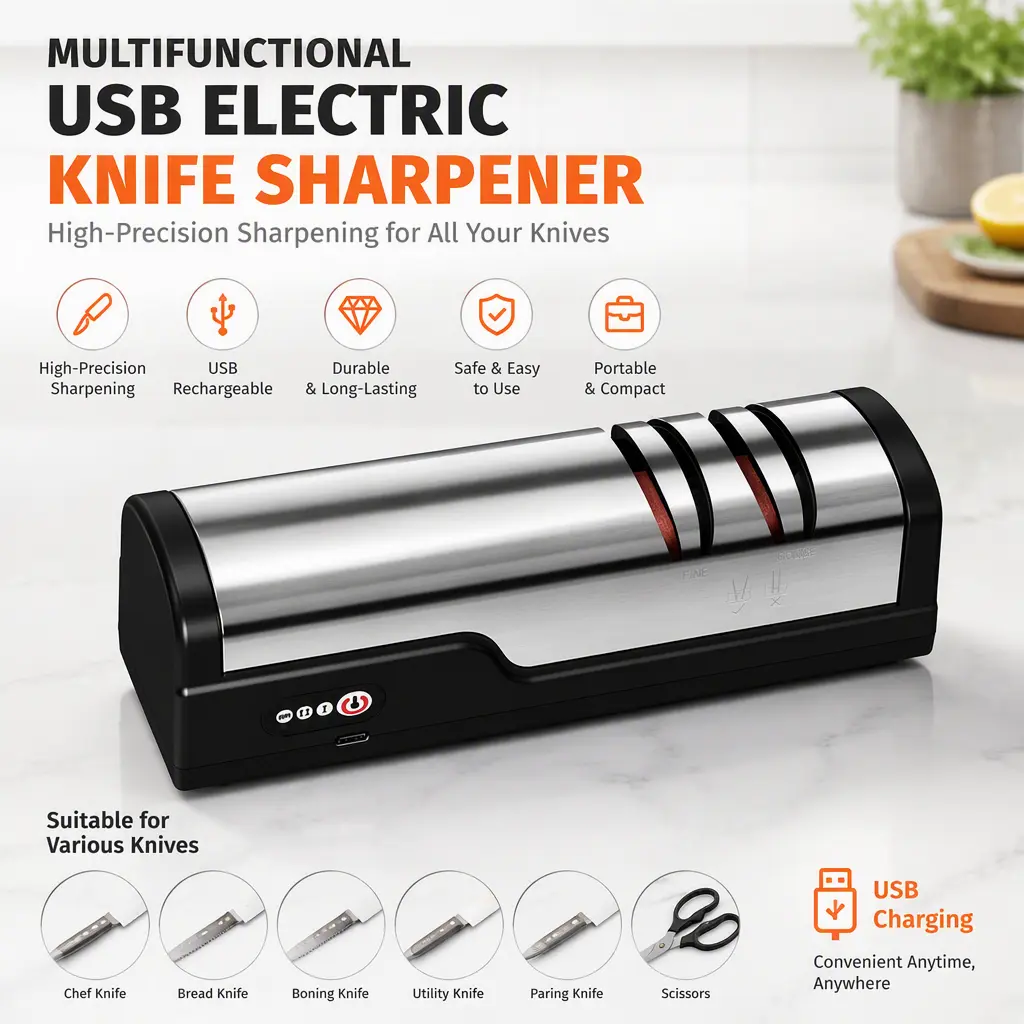 Household Portable Electric Knife Sharpener, New High‑Precision Multifunctional USB‑Charged Kitchen Sharpening Tool