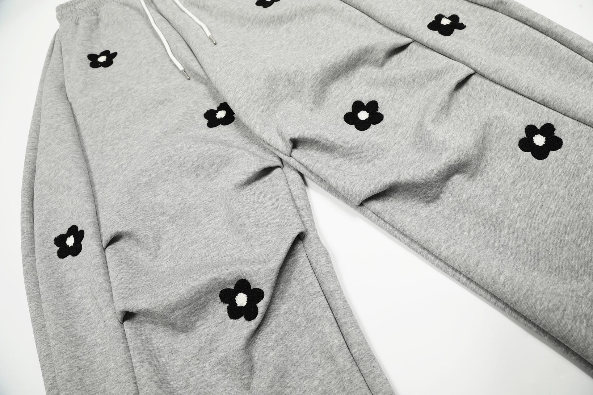 2026 Spring Collection Sweet and Cool Style Floral Embroidery Drawstring Loose Slimming Casual Sports Pants Wide-Leg Sweatpants for Women Menswear Trouser