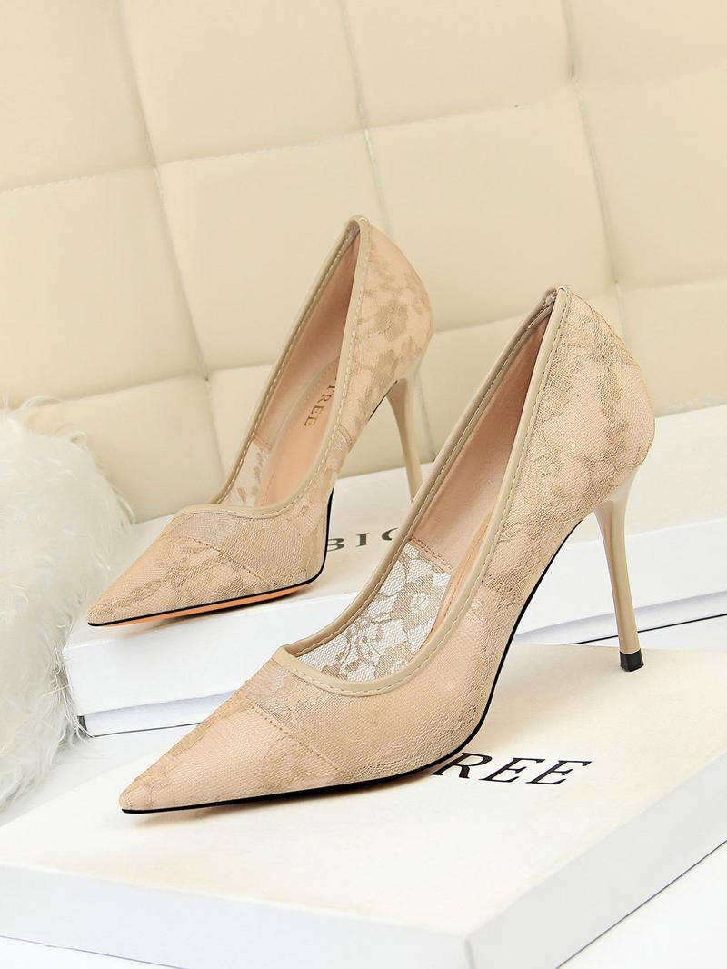 Women's Mesh Hollow Design with Contrast Lace Pointed Toe Stiletto Heeled, Stylish Elegant High Heeled Dress Formal Shoes for Party, Perfect Footwear for Outfit Matching, Wedding Party Shoes