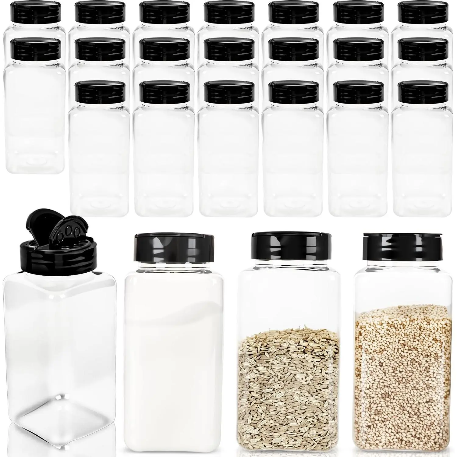 24 Pack 17oz Clear Square Plastic Empty Spice Jars with Black Cap Shaker Lids - Empty Seasoning Bottles for Storing Spice Salt and Other Kitchen Condiments