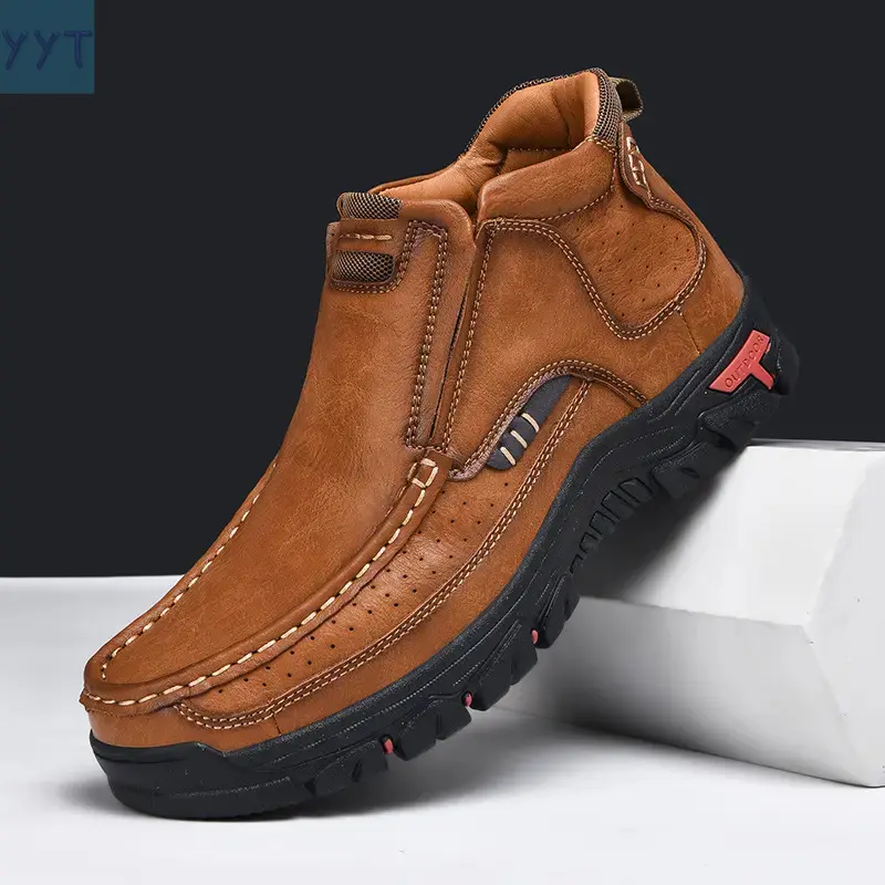 YYT1 Men's Mid-Top Round Toe Outdoor Ankle Boots - Water Repellent Textured Upper, Comfort Cushioned Insole, Non-Rugged Work Shoes for Outdoor Wear & Daily Casual Use