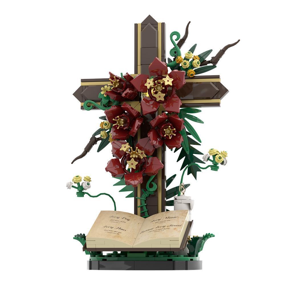 MOC Cross Flower Building Blocks Jesus Cross Tulip Decorative Bricks Adult Toy Christmas Gift